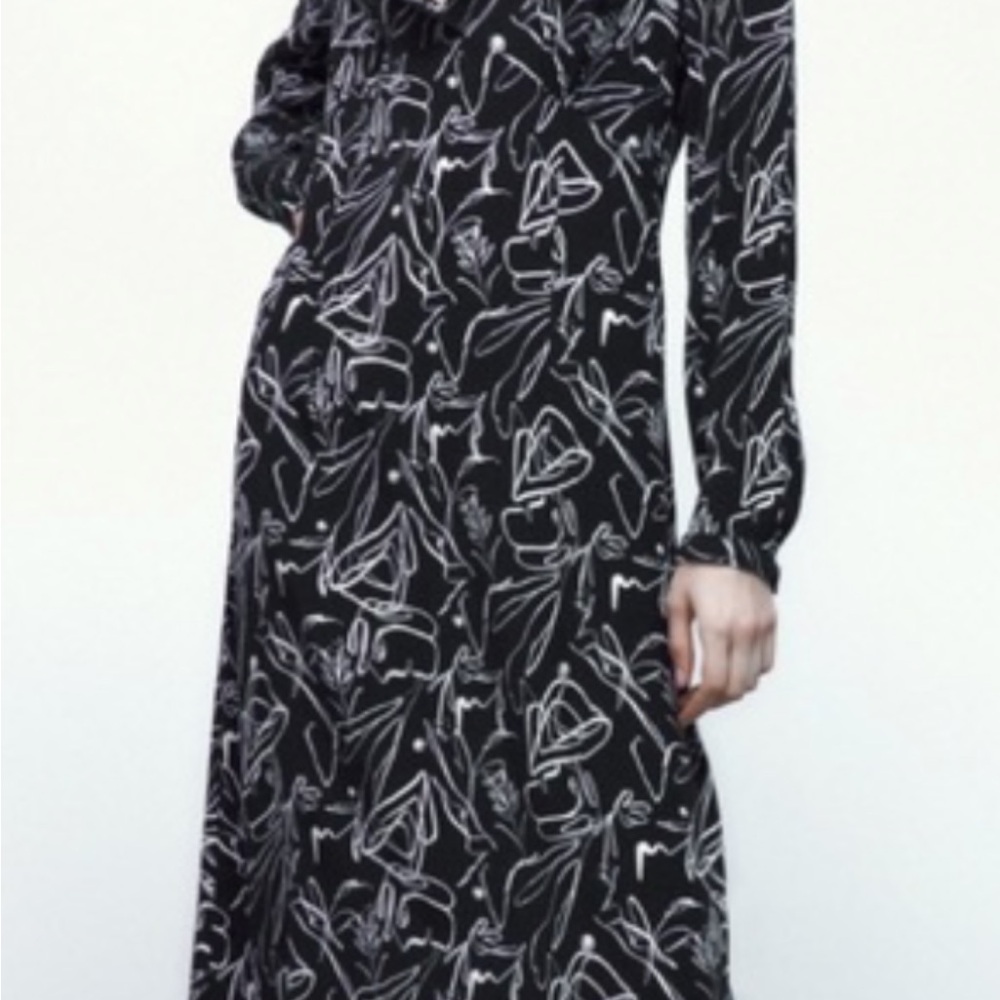 Zara Black and White Abstract Long Sleeve Dress
